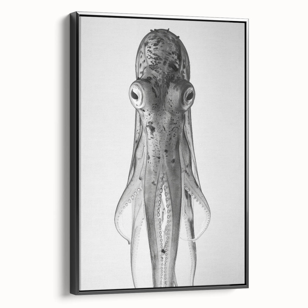 Framed canvas wall art showcasing a vibrant octopus design in shades of blue and orange, set against a sleek black frame, ideal for marine life enthusiasts.