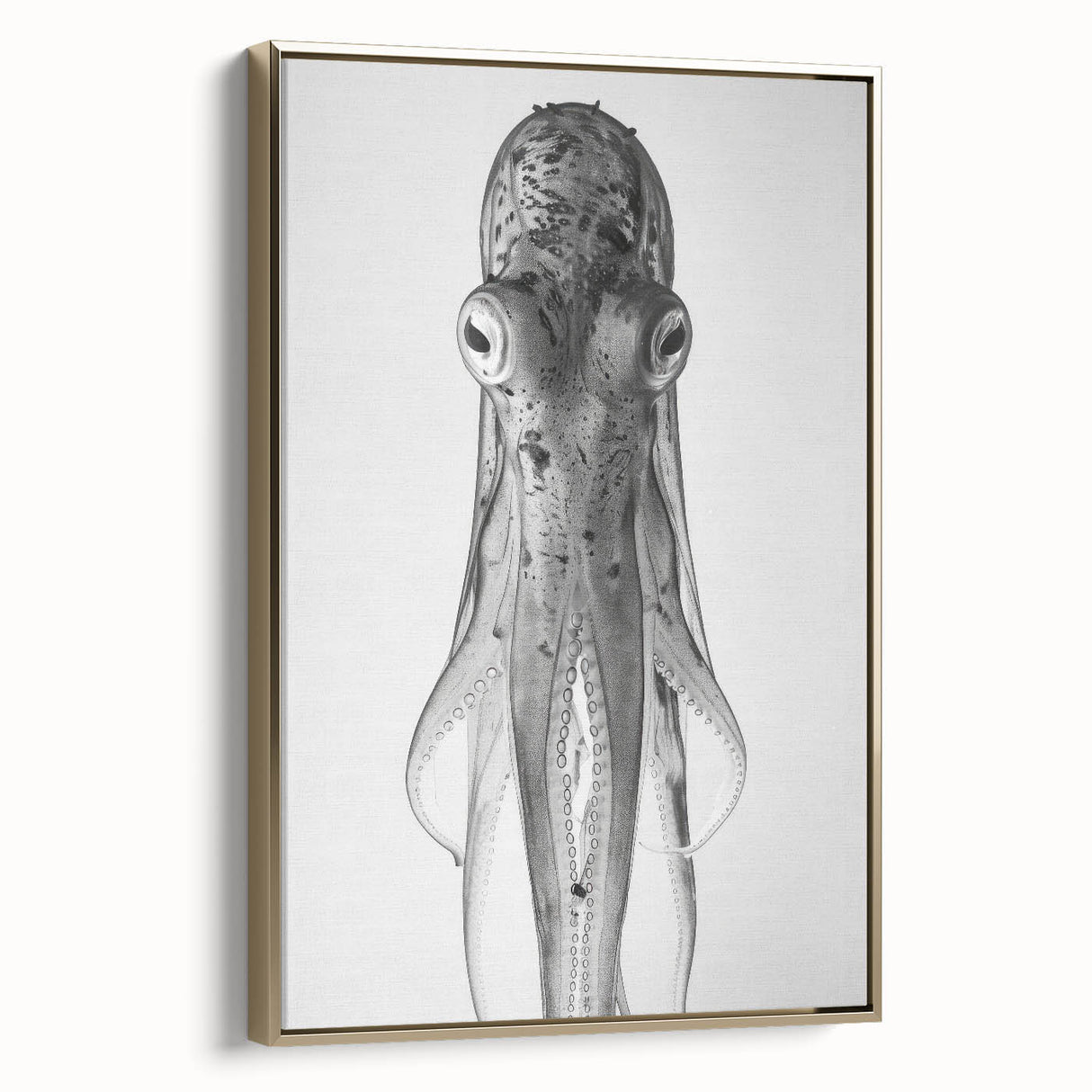 Framed wall art featuring a vivid octopus design in shades of blue and gold, showcasing marine life aesthetics. Ideal for coastal-themed decor or ocean lovers.