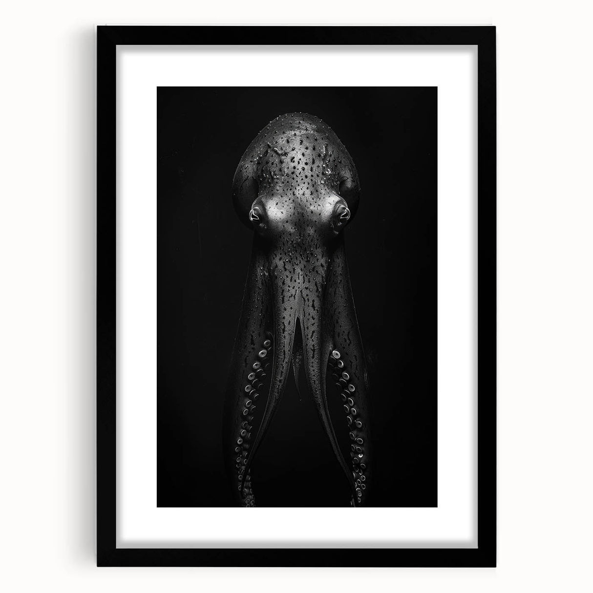 Framed wall art featuring an intricate octopus design, set against a black background, perfect for marine life enthusiasts, adding a touch of oceanic elegance to any decor.