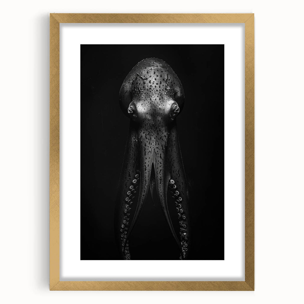 Framed wall art featuring an octopus design in vibrant colors with a gold frame, ideal for marine life enthusiasts and coastal decor. Perfect for adding a touch of oceanic elegance to any room.