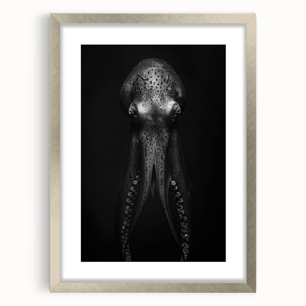 Framed octopus wall art design showcasing vibrant marine life colors, elegantly matted and set in a sleek silver frame, ideal for ocean-themed decor.