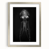 Framed octopus wall art design showcasing vibrant marine life colors, elegantly matted and set in a sleek silver frame, ideal for ocean-themed decor.
