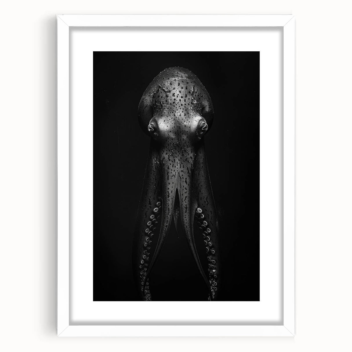 Octopus wall art design in a white frame with mat, showcasing vibrant marine life colors and intricate details, ideal for ocean-themed decor.