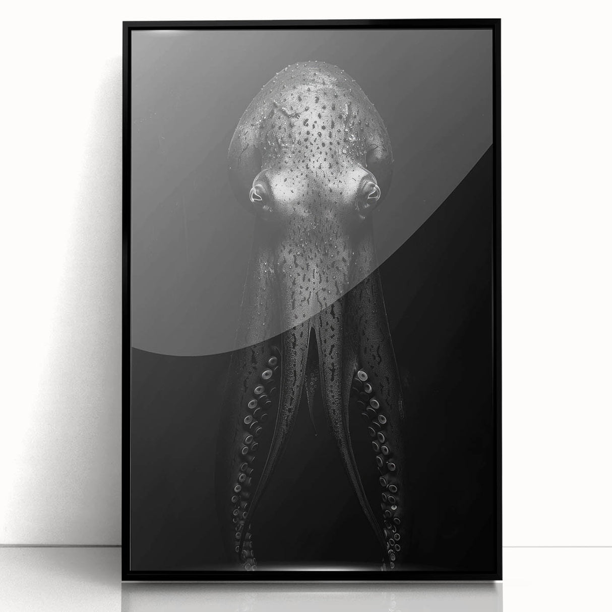 Framed wall art piece showcasing a vibrant octopus design in a marine life theme, featuring a sleek black frame and clear acrylic front for modern decor.