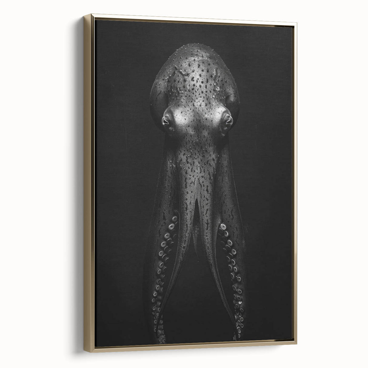 Framed wall art featuring a vibrant octopus design in rich colors, set against a gold background, showcasing marine life in an elegant, modern decor style.