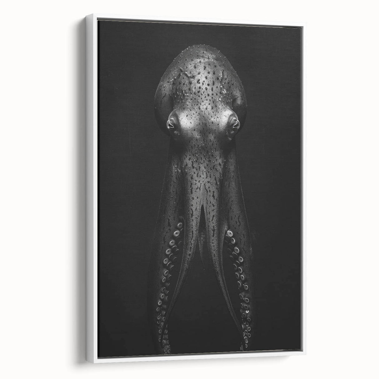 Framed wall art showcasing a vibrant octopus design on canvas, featuring intricate marine life details and a sleek white frame, ideal for ocean-themed decor.