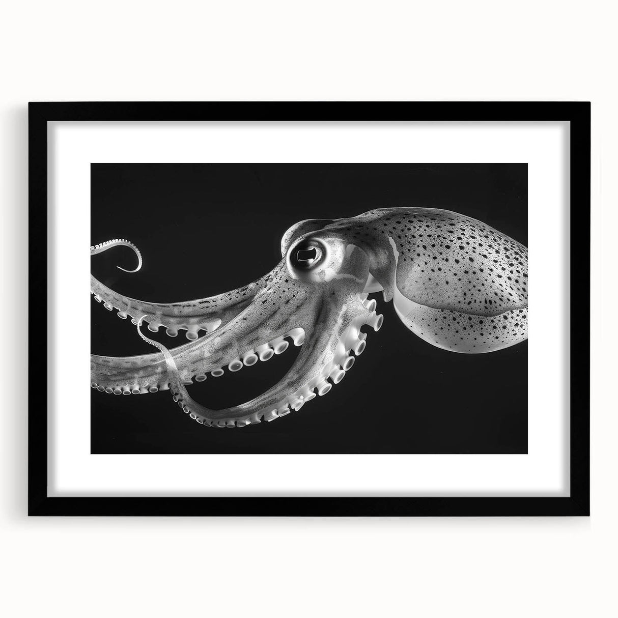 Black framed wall art showcasing an intricate octopus design, perfect for marine life enthusiasts, featuring vibrant colors and detailed textures.