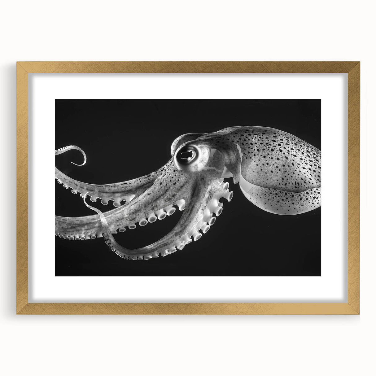 Gold-framed wall art featuring a vibrant octopus design amidst marine life, perfect for ocean-themed decor. The artwork is elegantly matted, enhancing its visual appeal and sophistication.