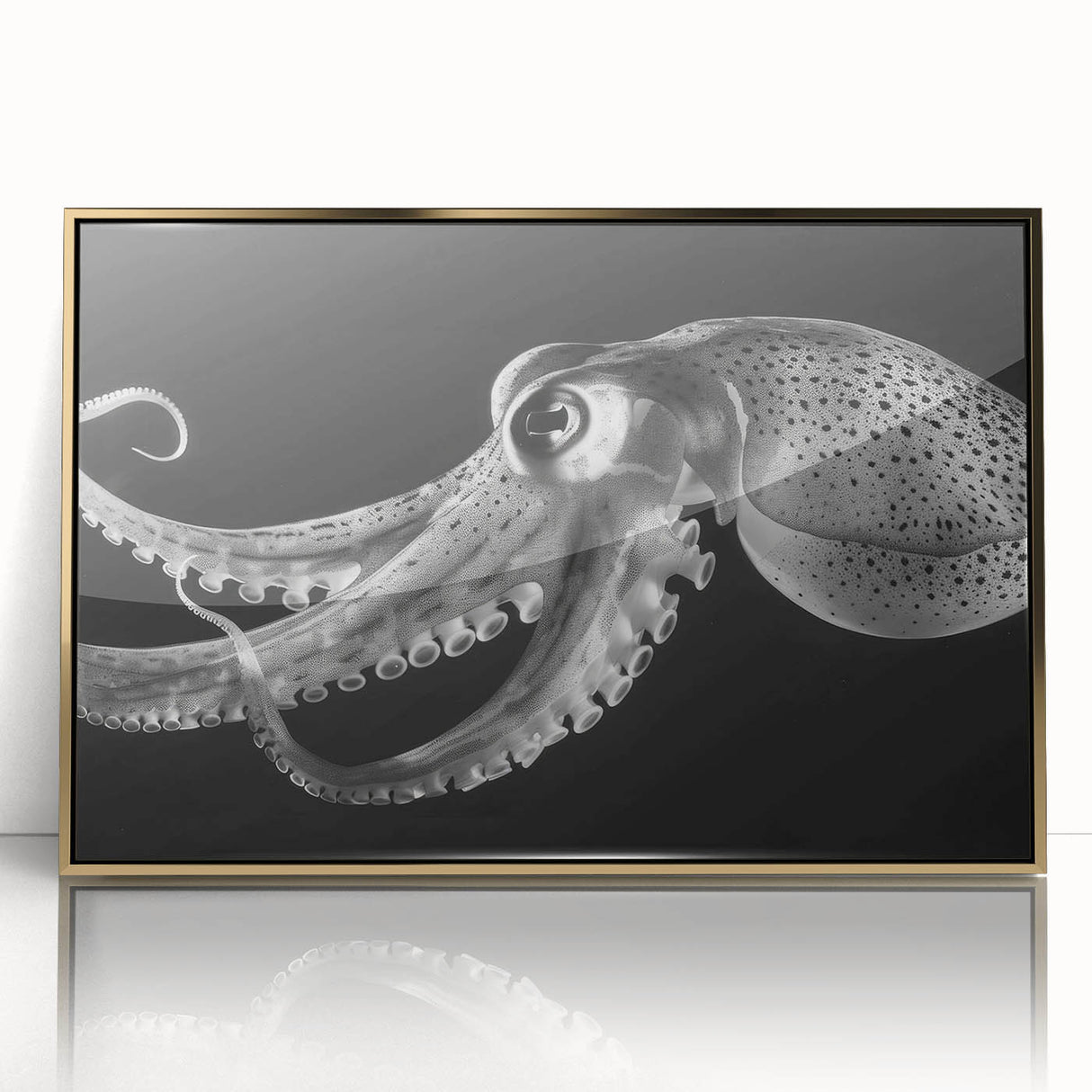 Framed acrylic wall art featuring a vibrant octopus design with gold accents, showcasing marine life in a modern style, ideal for ocean-themed decor.