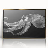Framed acrylic wall art featuring a vibrant octopus design with gold accents, showcasing marine life in a modern style, ideal for ocean-themed decor.