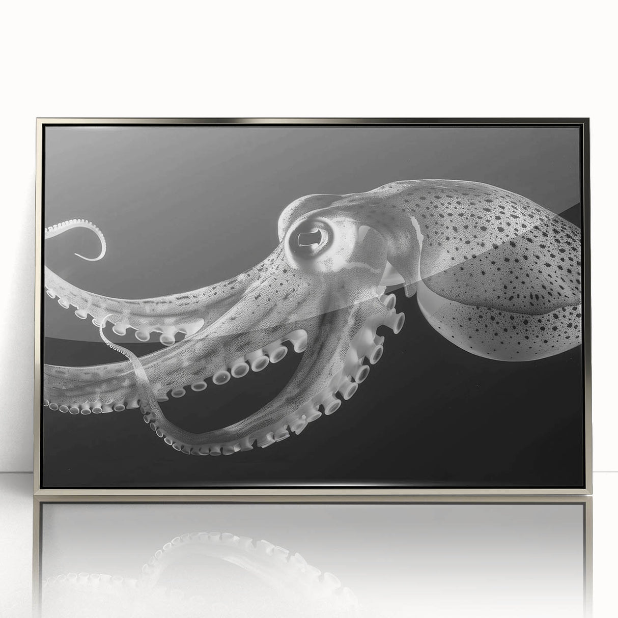 Framed wall art featuring a vibrant octopus design in various colors, set in a sleek silver frame, perfect for marine-themed home decor.