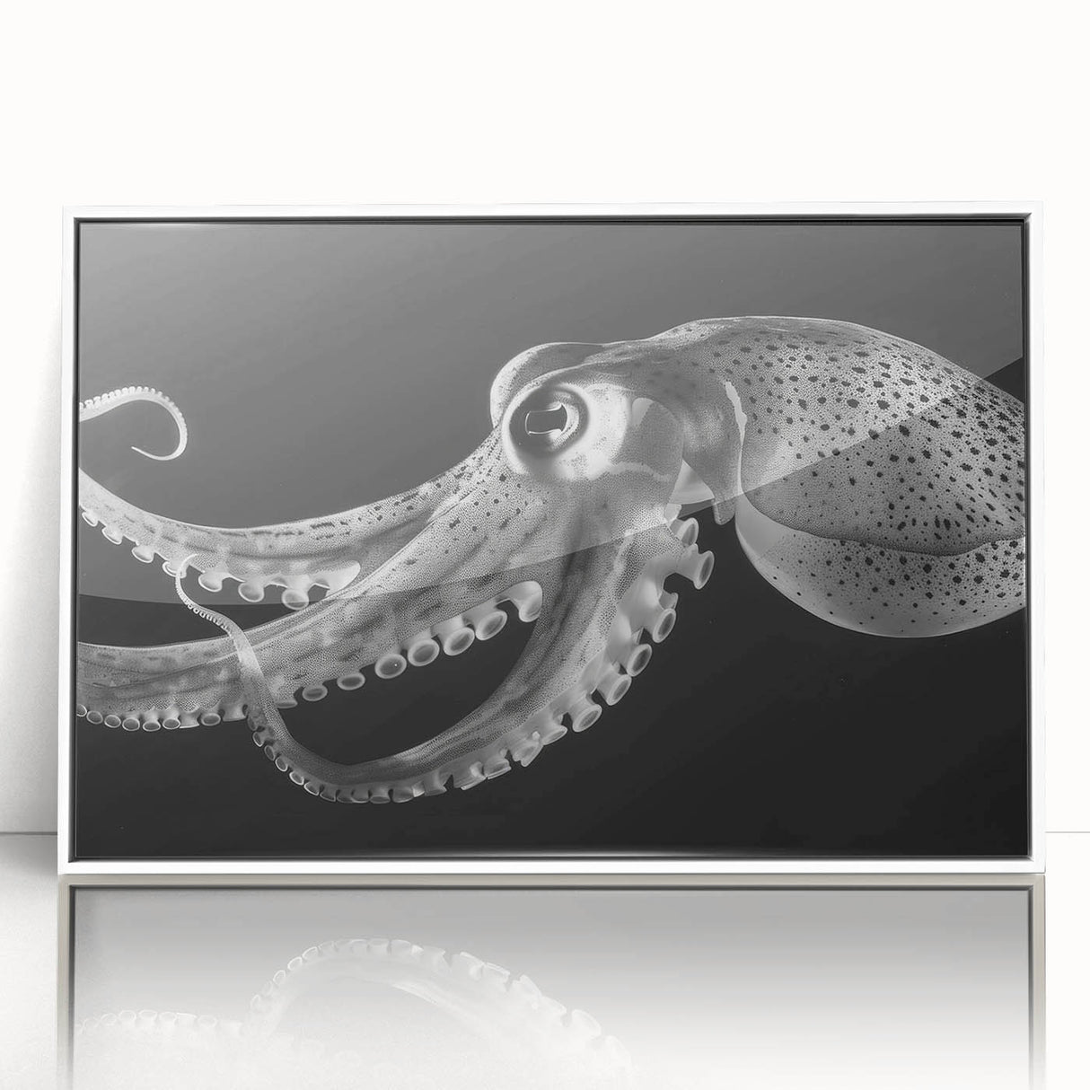 Framed wall art featuring a vibrant octopus design in shades of blue and purple, set against a white background, perfect for marine life enthusiasts and coastal decor.