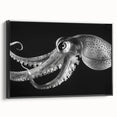 Framed canvas wall art featuring a detailed octopus design in vibrant colors, set against a sleek black background, ideal for marine life enthusiasts and modern decor.