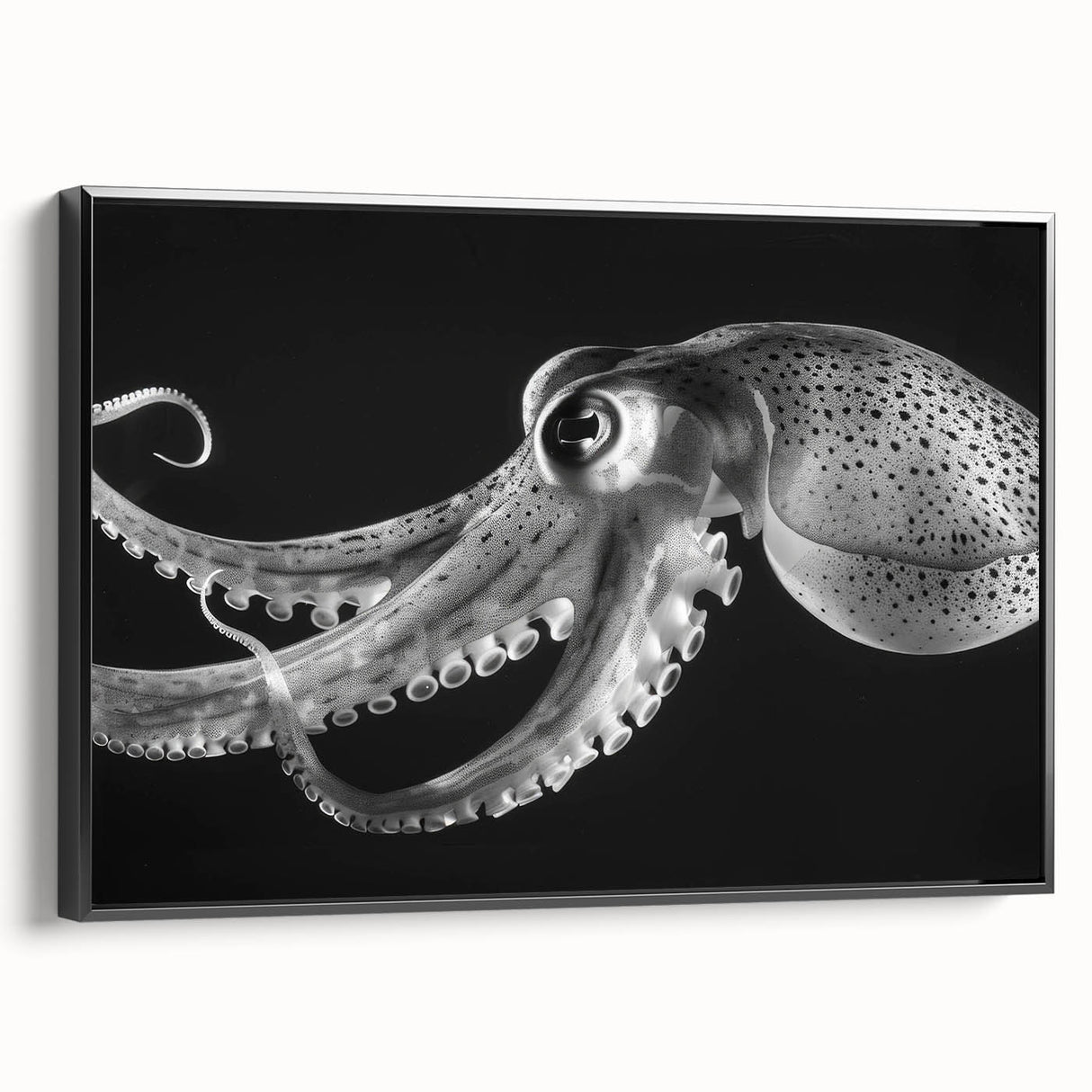 Framed canvas wall art featuring a detailed octopus design in vibrant colors, set against a sleek black background, ideal for marine life enthusiasts and modern decor.