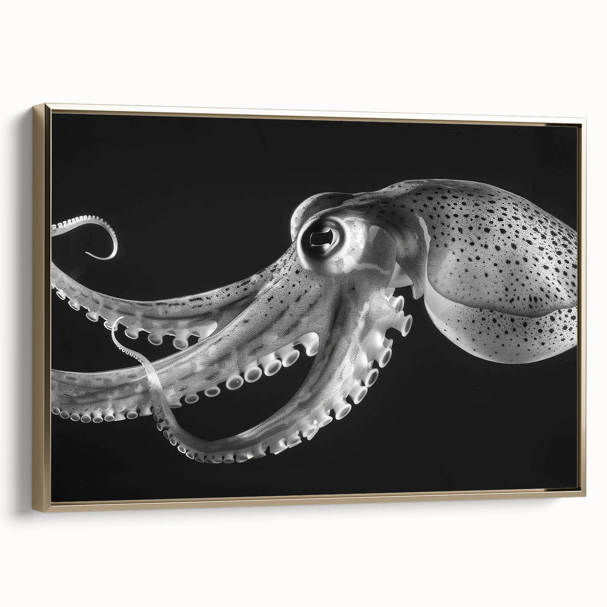 Framed wall art showcasing a vibrant octopus design in rich colors, highlighted by a gold frame. Ideal for marine life enthusiasts and modern decor.