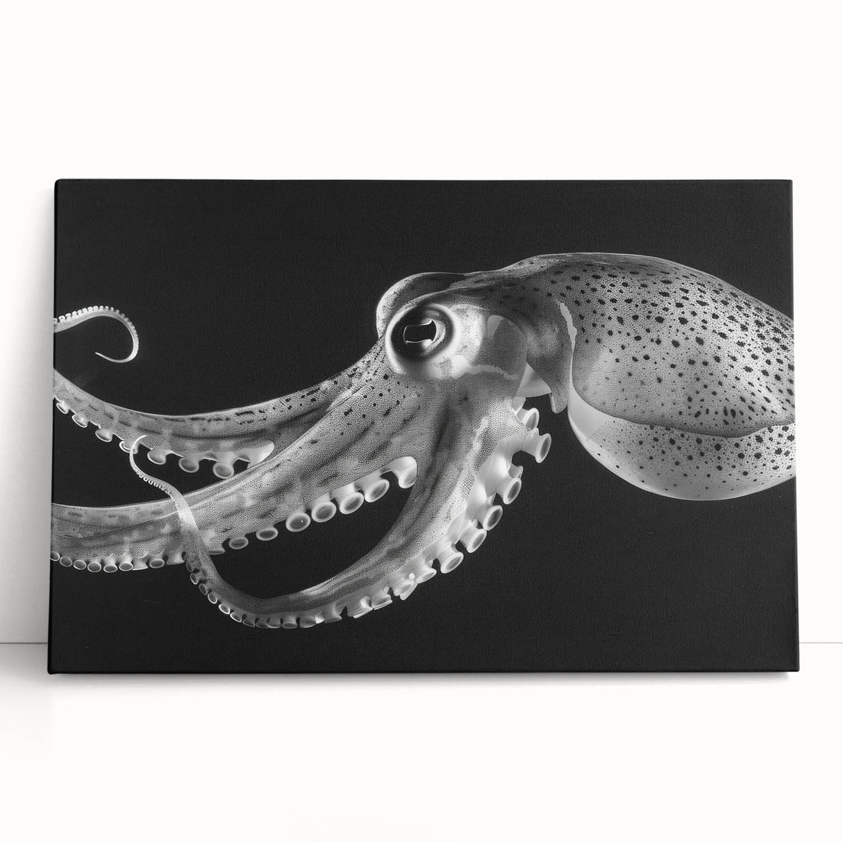 Colorful stretched canvas wall art showcasing a vibrant octopus design, perfect for marine life enthusiasts and coastal decor, leaning against a neutral wall.
