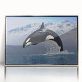 Framed acrylic wall art featuring a striking orca design in vibrant colors, set against a sleek silver frame, perfect for marine life enthusiasts. This piece adds a modern touch to any decor, ideal for living rooms or offices.