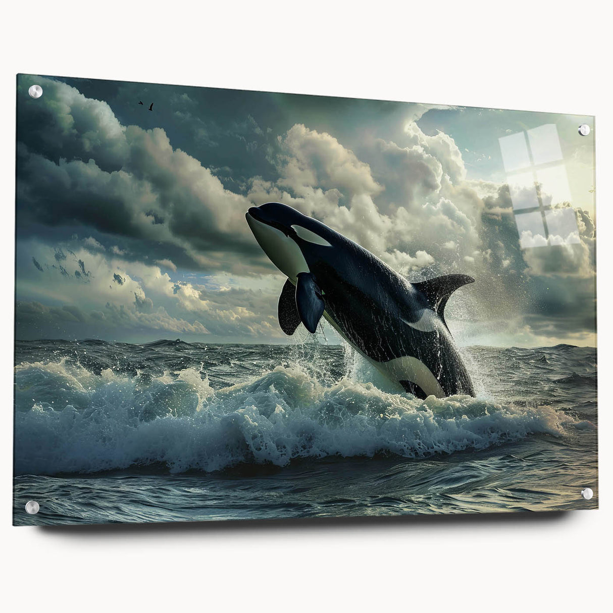 Side view of a marine life-themed wall art collection featuring a vibrant orca design printed on acrylic glass, mounted with decorative pins, ideal for ocean lovers.