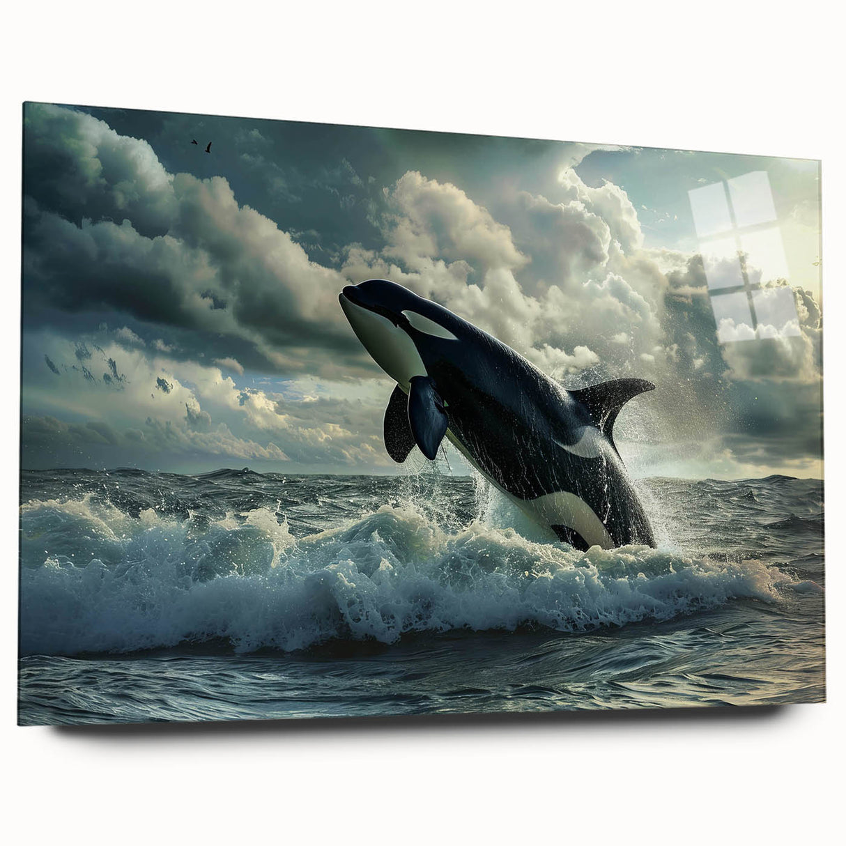 Side view of a marine life-themed wall art collection featuring a striking orca design on acrylic glass, showcasing vibrant colors and intricate details in a modern setting. Perfect for ocean lovers and home decor enthusiasts.