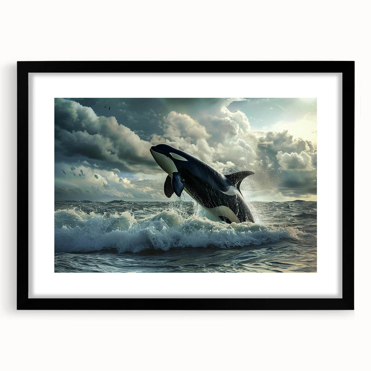 Black-framed wall art showcasing a detailed orca design, featuring vibrant marine life elements, perfect for adding a touch of oceanic beauty to any space.