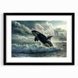 Black-framed wall art showcasing a detailed orca design, featuring vibrant marine life elements, perfect for adding a touch of oceanic beauty to any space.