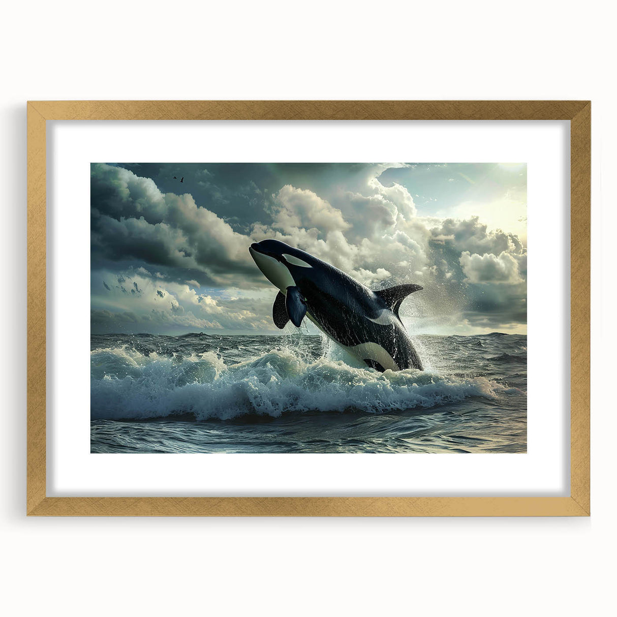 Elegant marine life wall art featuring an orca design in a gold frame with a mat. This striking piece adds a touch of oceanic beauty to any decor.