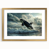 Elegant marine life wall art featuring an orca design in a gold frame with a mat. This striking piece adds a touch of oceanic beauty to any decor.