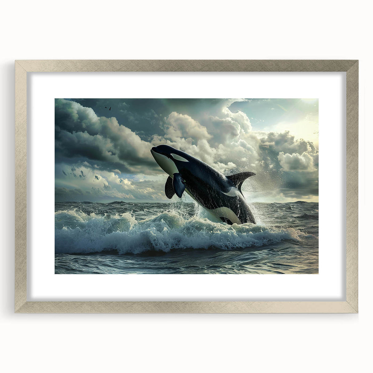 Framed wall art showcasing a stunning orca design, accented with a silver mat, perfect for marine life enthusiasts. Ideal for home decor or ocean-themed spaces.