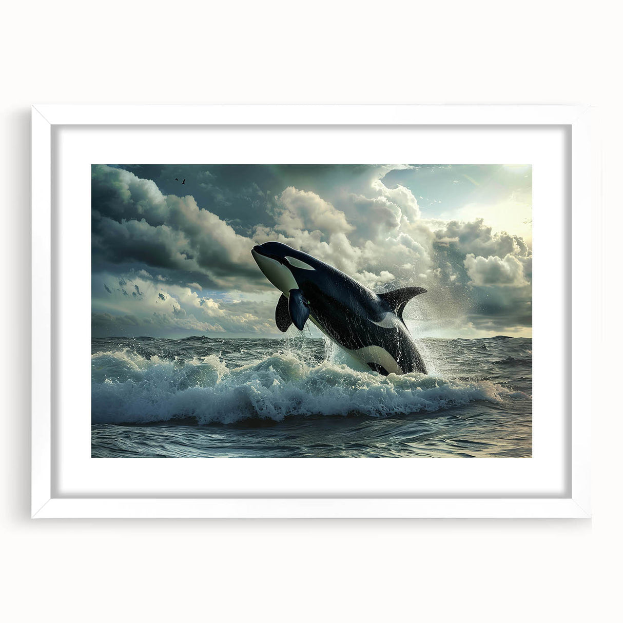 Orca wall art collection framed with a white mat, showcasing a vibrant marine life design. Perfect for ocean-themed decor, adding a touch of nature to your space.