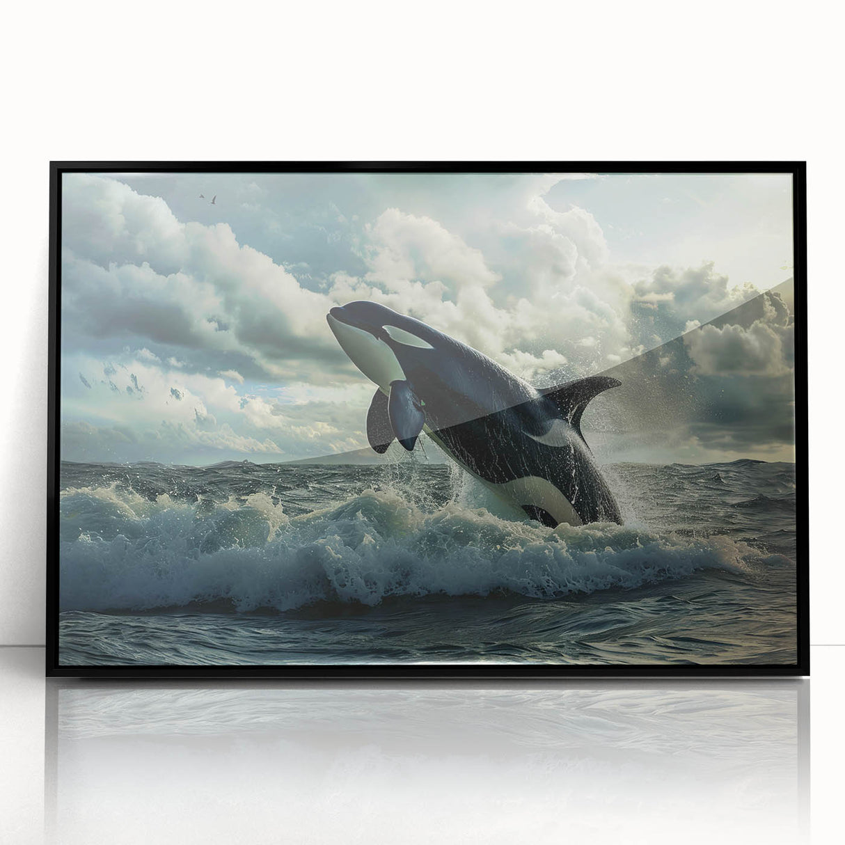 Framed wall art featuring a striking orca design from the Marine Life collection, set in a sleek black frame, perfect for ocean-themed decor. Unique acrylic finish adds depth and vibrancy to any space, ideal for marine enthusiasts.