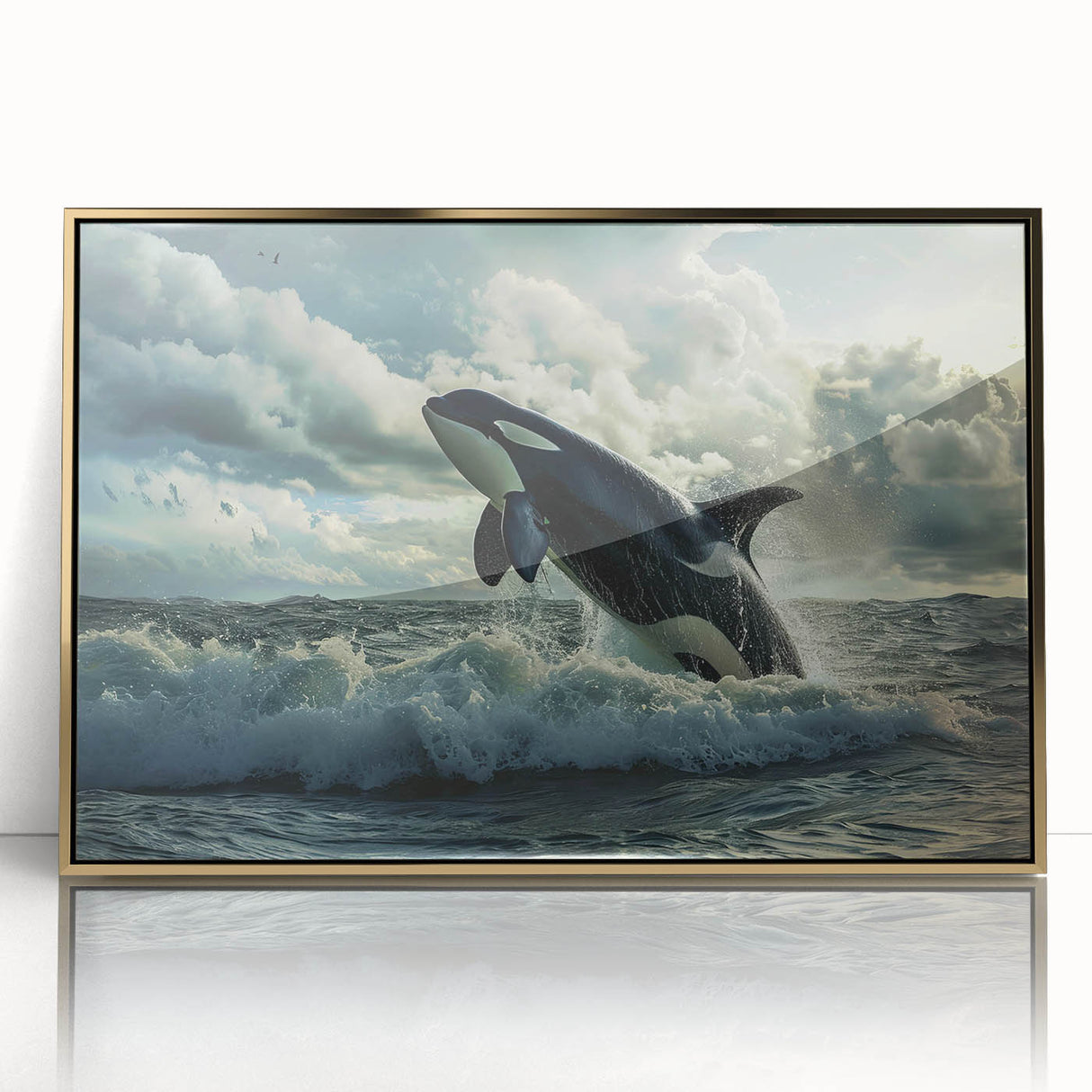 Framed acrylic wall art featuring an orca design with a gold finish, showcasing vibrant marine life in a contemporary style, perfect for ocean-themed decor.