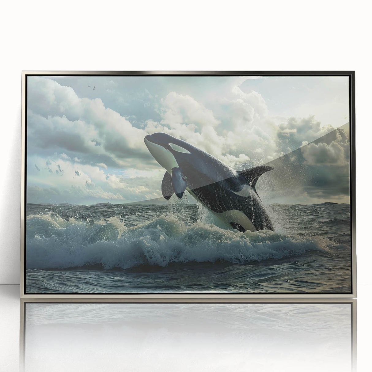 Framed wall art showcasing a striking orca design, featuring vibrant colors and a sleek silver frame, perfect for marine life enthusiasts.
