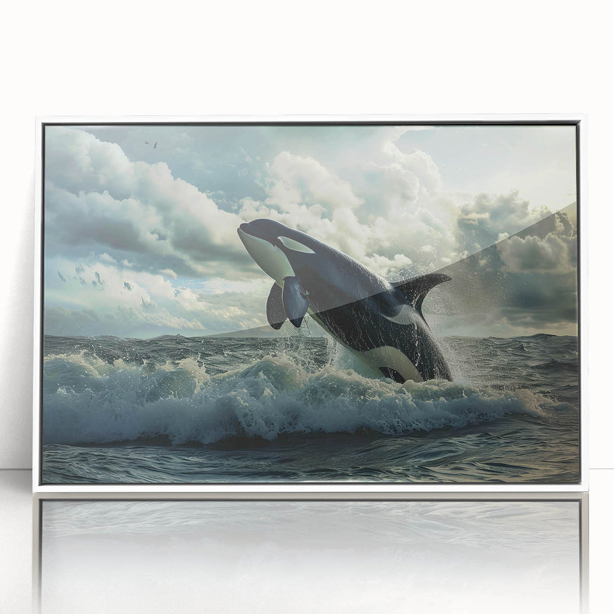Framed acrylic wall art showcasing a stunning orca design, featuring vibrant colors and intricate details, perfect for marine life enthusiasts or home decor.