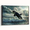 Framed canvas wall art showcasing a stunning orca design against a black background, perfect for marine life enthusiasts. Ideal for home decor and ocean-themed interiors.