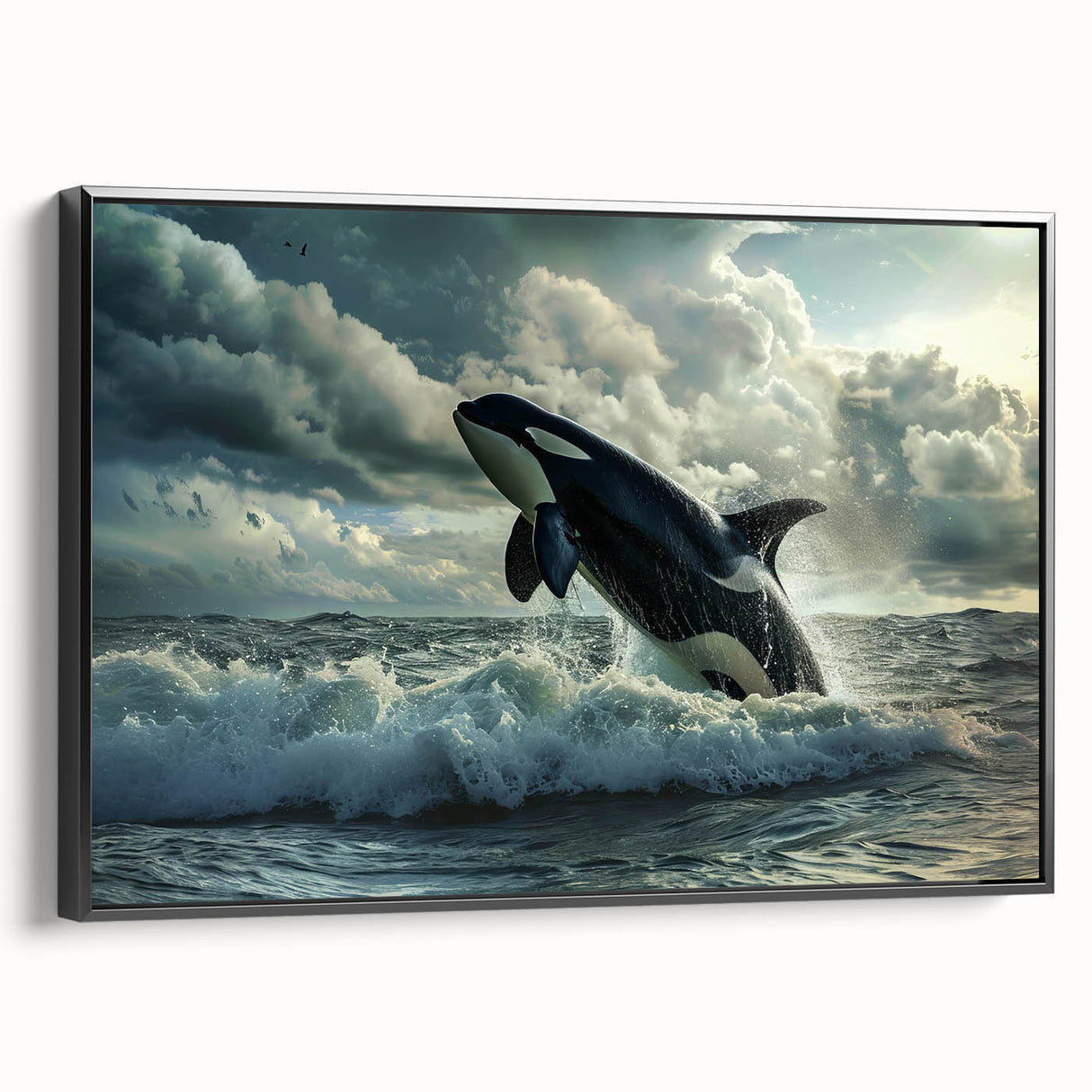 Framed canvas wall art showcasing a stunning orca design against a black background, perfect for marine life enthusiasts. Ideal for home decor and ocean-themed interiors.