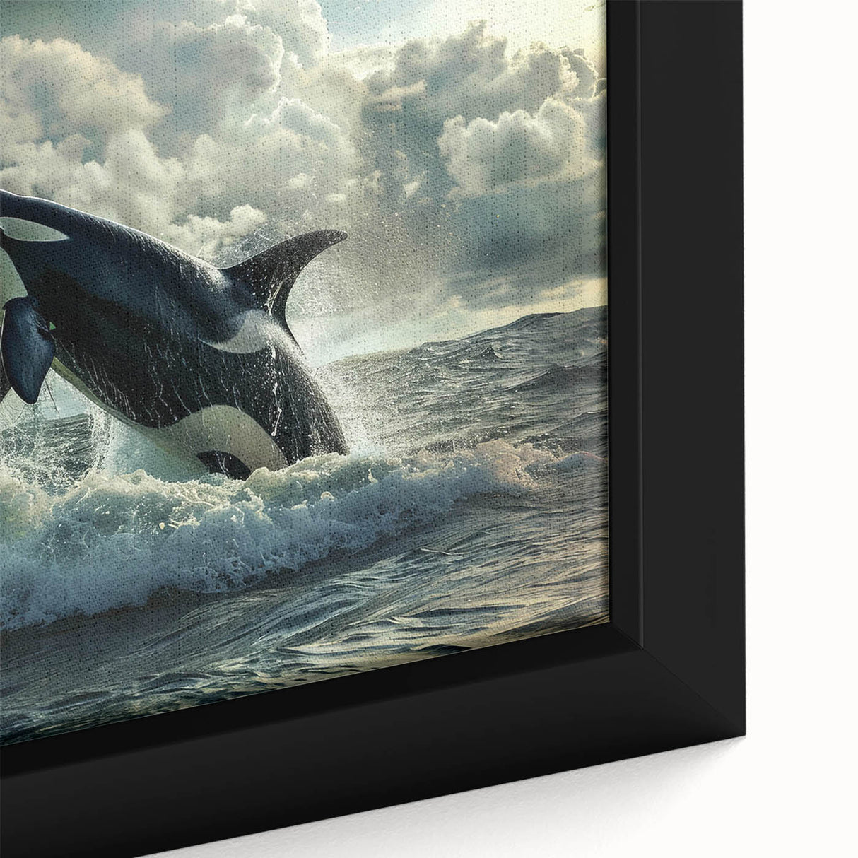Close-up of a framed canvas wall art featuring a vibrant orca design, showcasing intricate marine life details and bold colors, perfect for ocean-themed decor.