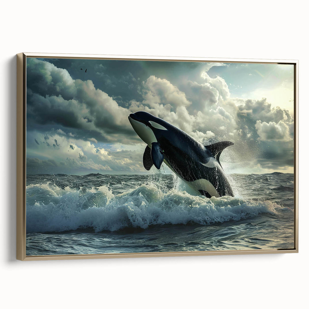 Framed canvas wall art featuring a striking orca design, set against a gold background, showcasing marine life. Ideal for ocean-themed decor and animal lovers.