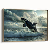 Framed canvas wall art featuring a striking orca design, set against a gold background, showcasing marine life. Ideal for ocean-themed decor and animal lovers.