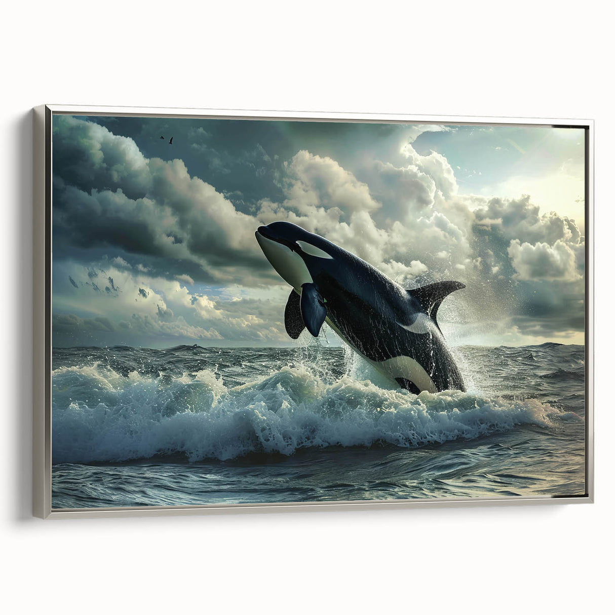 Framed wall art featuring a striking orca design in silver tones, showcasing marine life with intricate details, perfect for ocean-themed decor.