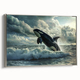 Framed wall art featuring a striking orca design in silver tones, showcasing marine life with intricate details, perfect for ocean-themed decor.