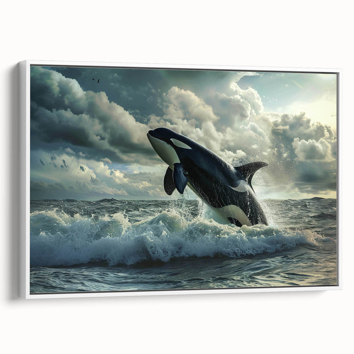 Framed canvas wall art featuring a striking orca design, showcasing vivid colors and intricate details, perfect for marine life enthusiasts and home decor.