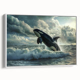 Framed canvas wall art featuring a striking orca design, showcasing vivid colors and intricate details, perfect for marine life enthusiasts and home decor.