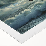 Orca wall art design printed on rolled canvas, showcasing vibrant marine life colors and intricate details, perfect for ocean-themed decor.