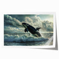 Orca wall art print showcasing a vibrant marine life design, featuring dynamic colors and intricate details, rolled and ready for framing or display.