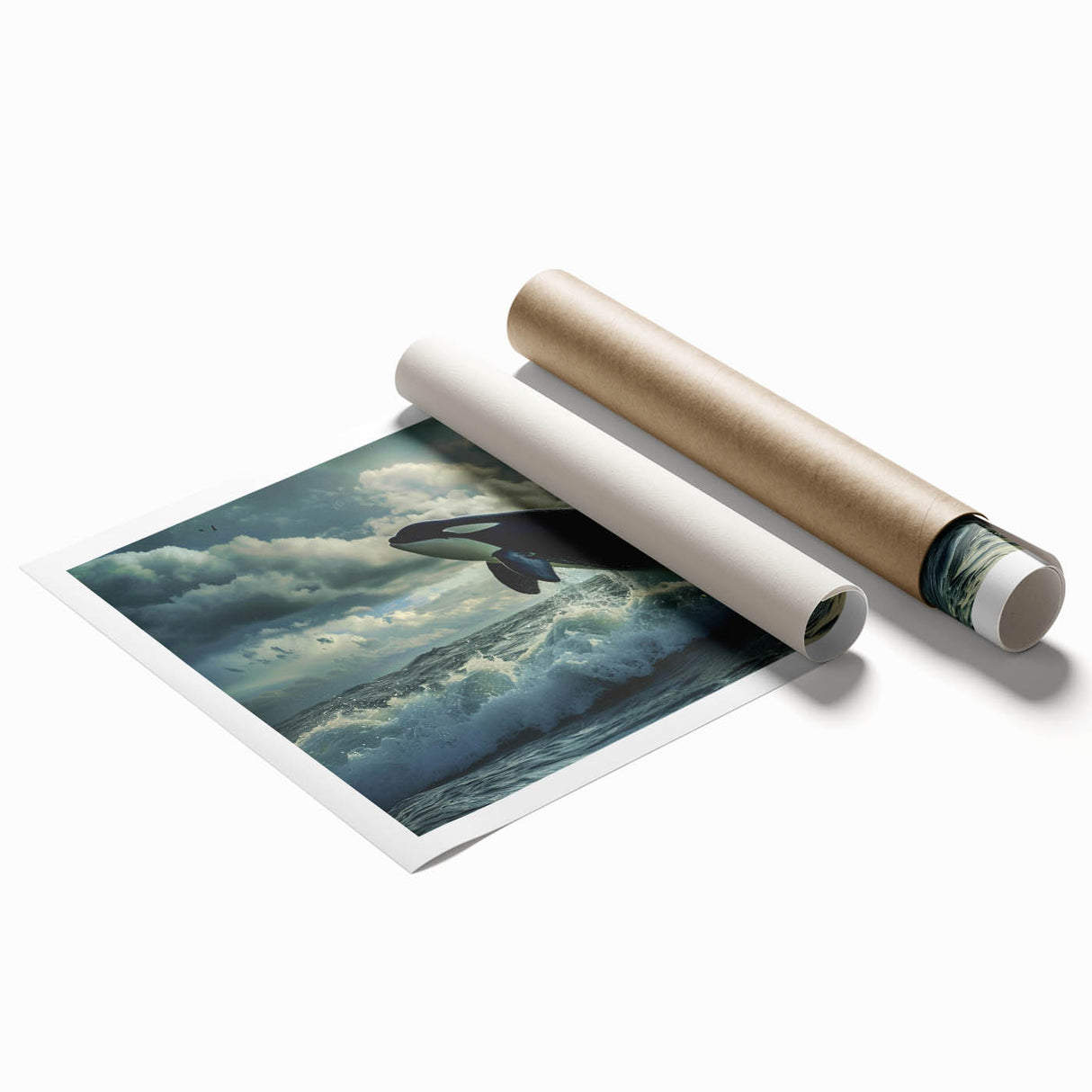Orca design wall art print showcasing vibrant marine life with intricate details. Perfect for ocean-themed decor, rolled and ready for framing.