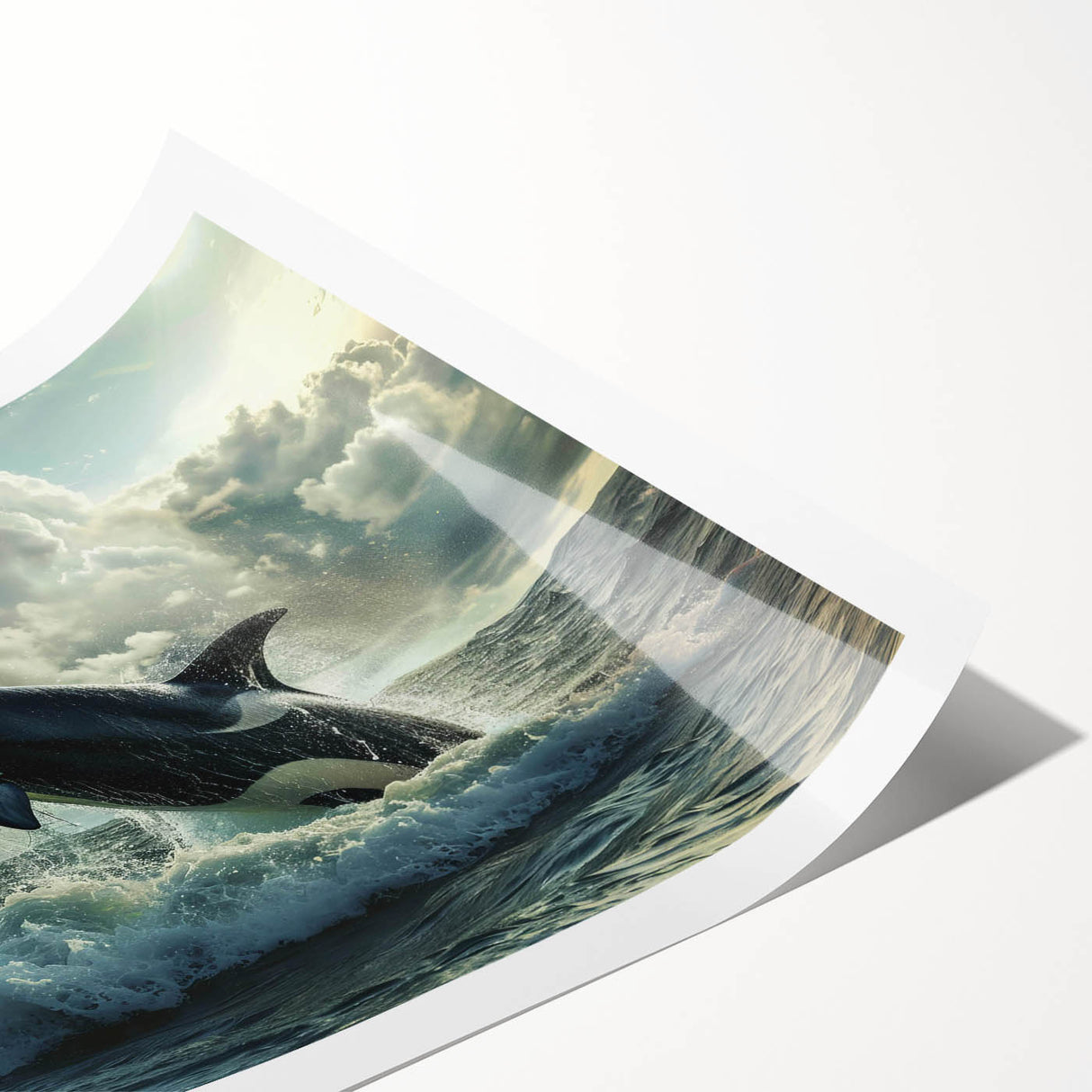Orca wall art design showcasing detailed marine life illustration with vibrant colors on a rolled print, perfect for ocean-themed decor in any space.