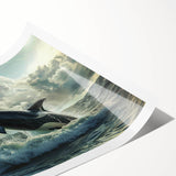 Orca wall art design showcasing detailed marine life illustration with vibrant colors on a rolled print, perfect for ocean-themed decor in any space.