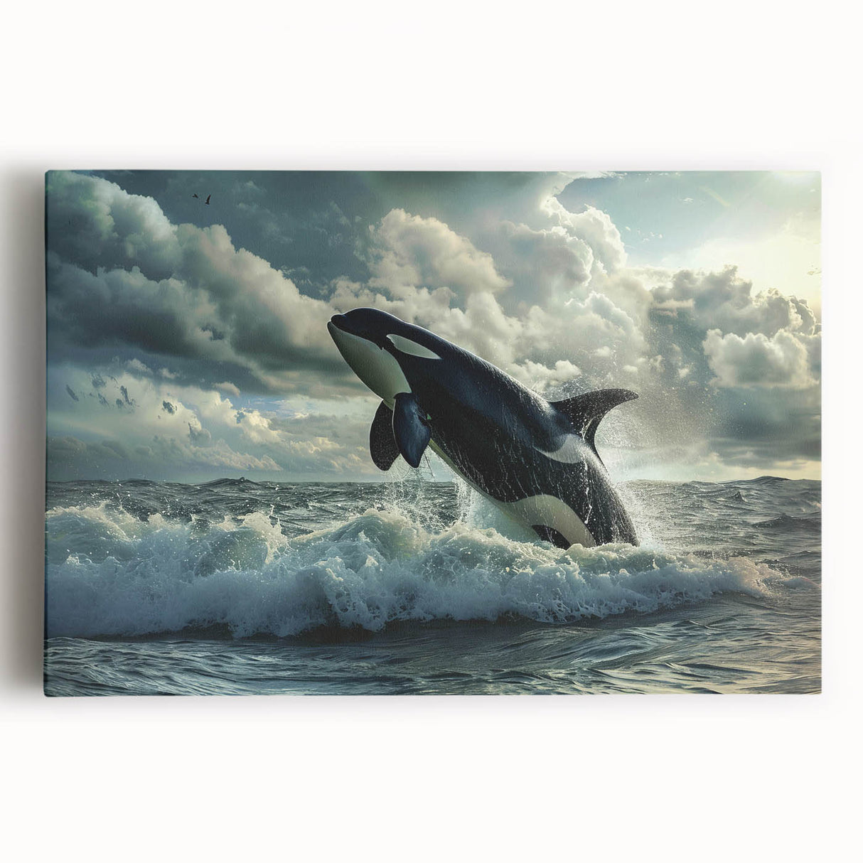 Vibrant stretched canvas wall art depicting a stunning orca design, showcasing intricate marine life details in shades of blue and white, perfect for ocean-themed decor.