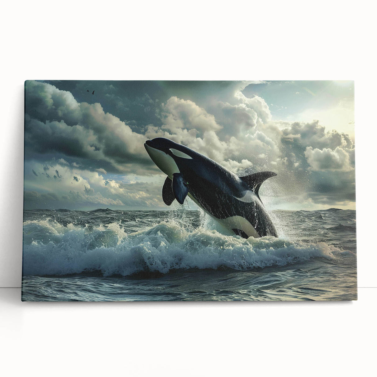 Stretched canvas wall art showcasing a vibrant orca design, featuring intricate marine life details and bold colors, perfect for coastal-themed decor.