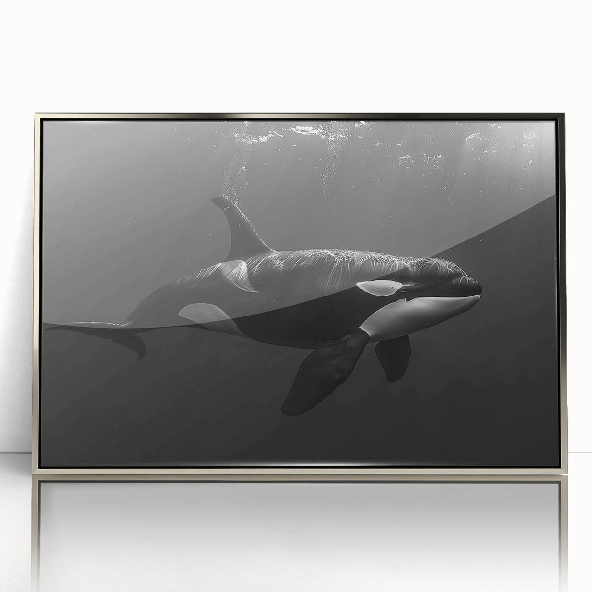 Framed wall art showcasing a stunning orca design in vibrant colors, set in a sleek silver frame, perfect for marine life enthusiasts and home decor.